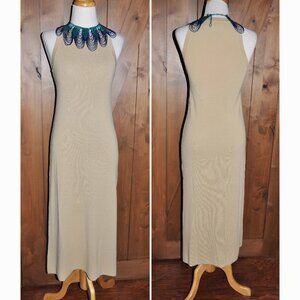 High Neck A Line Side Slit Knit Body Skimming Tank Dress, Body Con Sexy Tan Midi